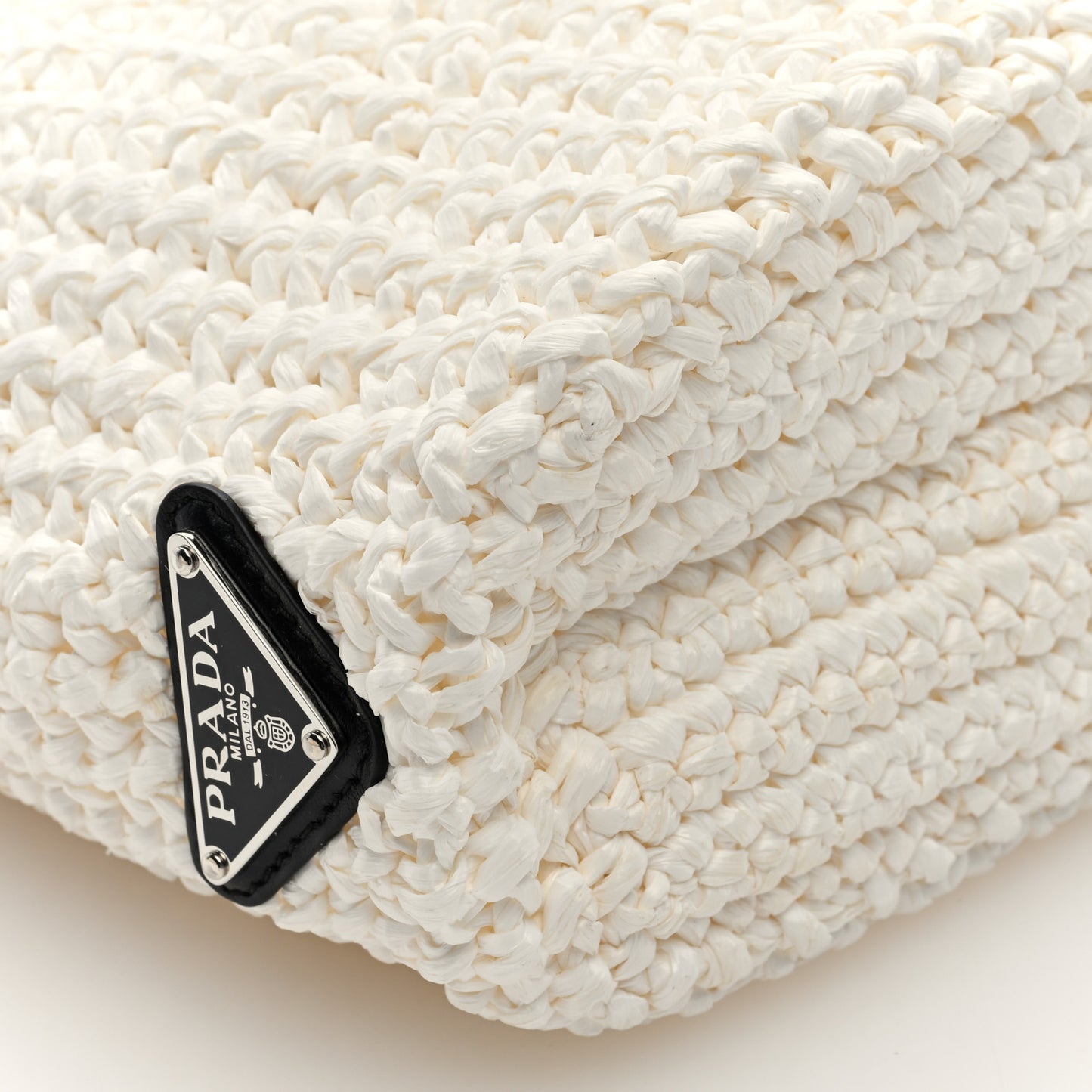 Yarn Raffia Effect Crochet Embroidered Small Logo Tote White