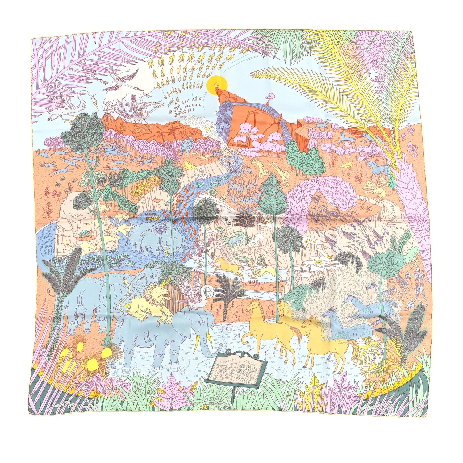 Hermes Silk Le Carnaval des Animaux Scarf 90 Aqua Vert Jaune 1 of 4