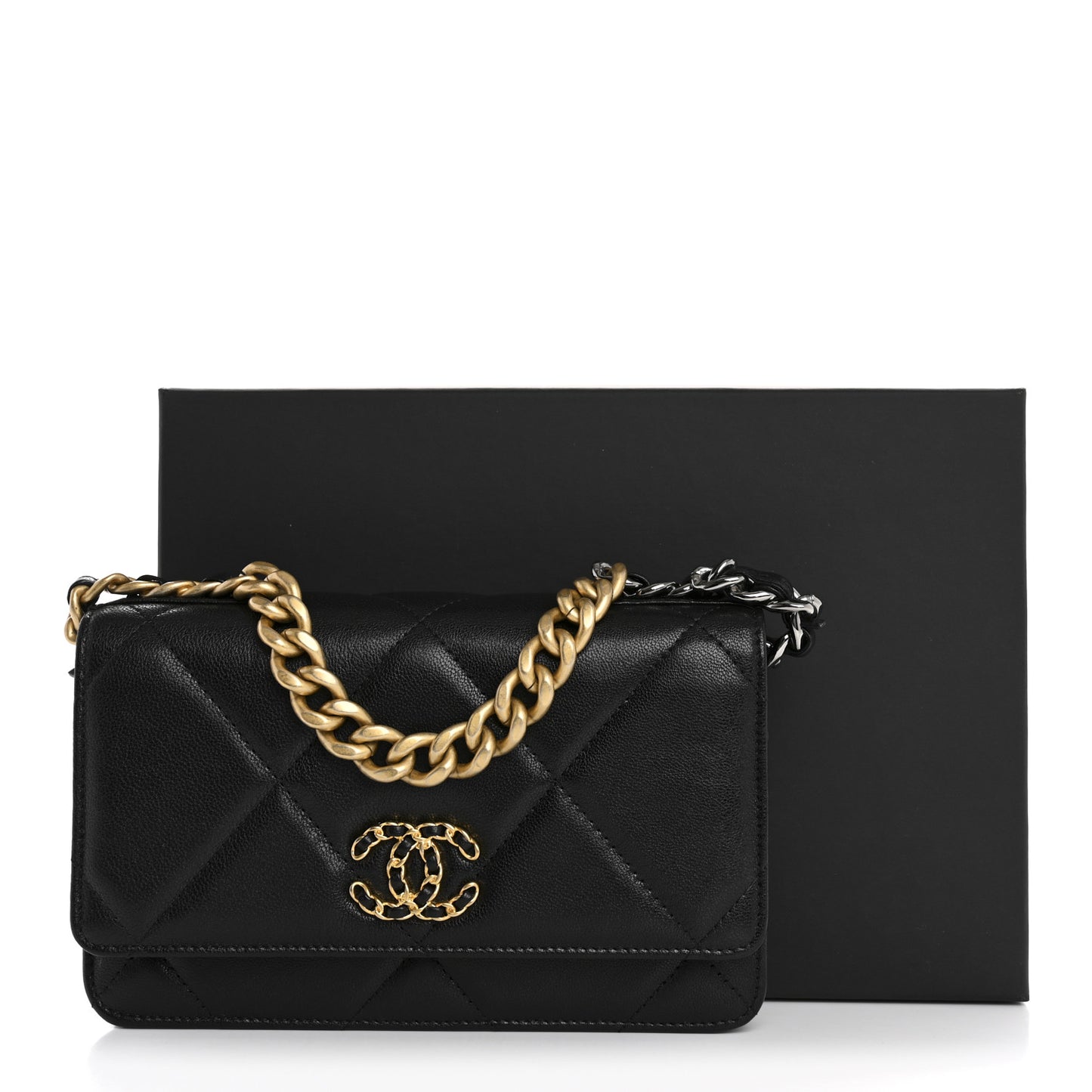 Goatskin Quilted Chanel 19 Wallet On Chain WOC Black