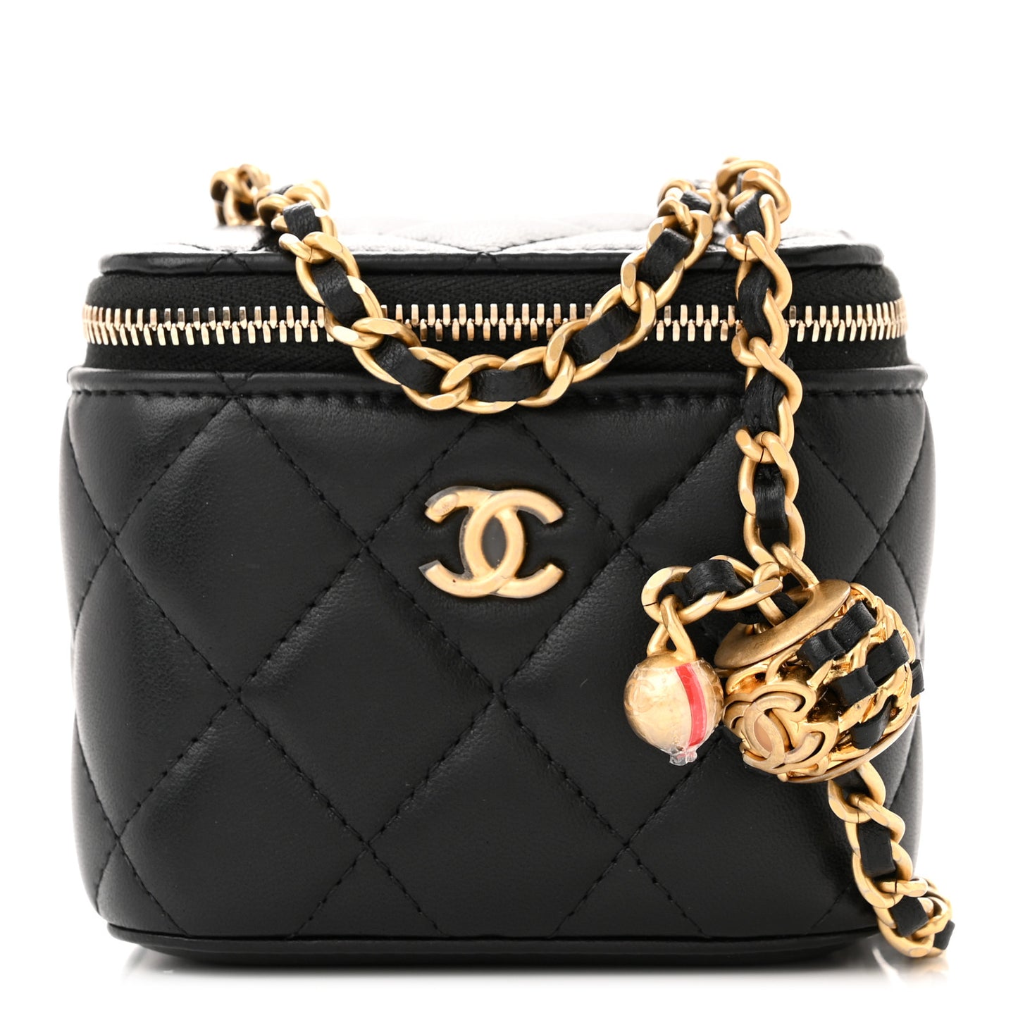Lambskin Quilted Mini Pearl Crush Vanity Case With Chain Black