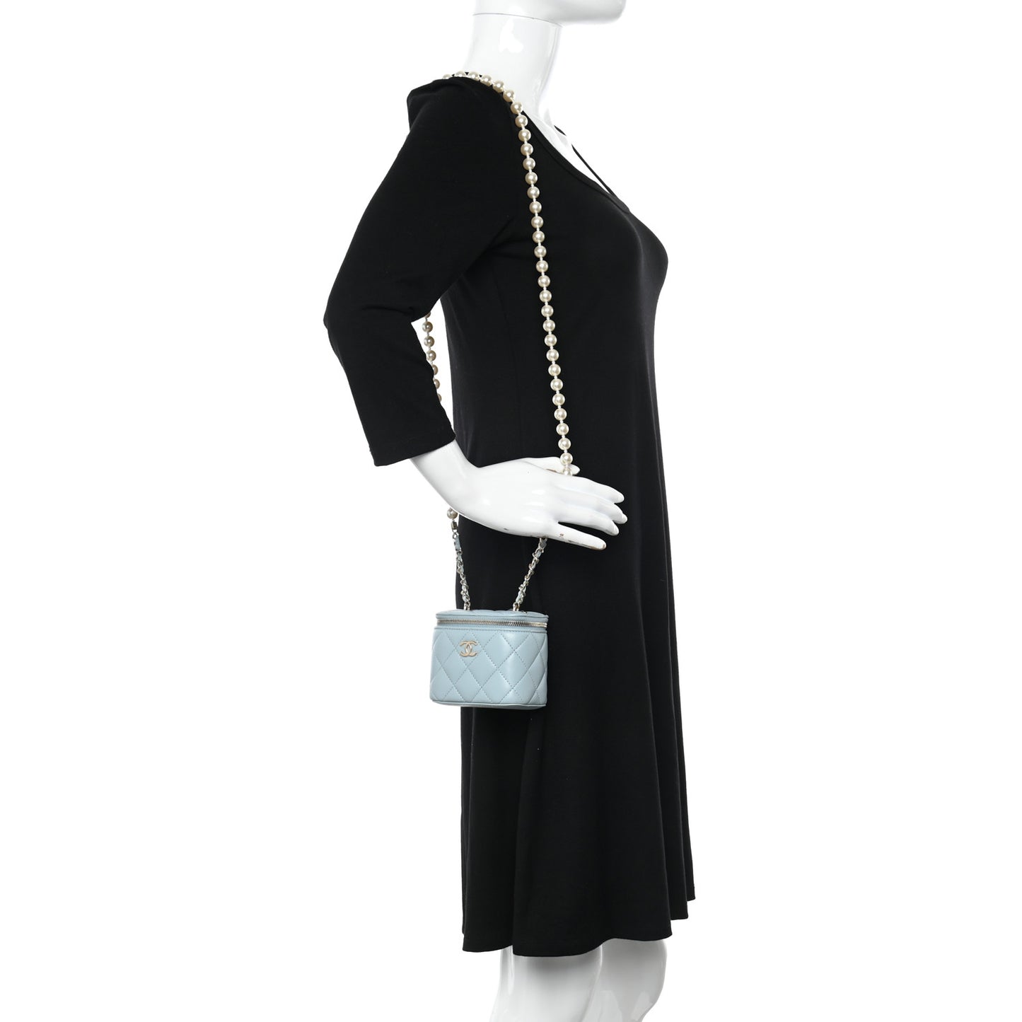 Lambskin Quilted Mini Vanity Case With Pearl Chain Light Blue