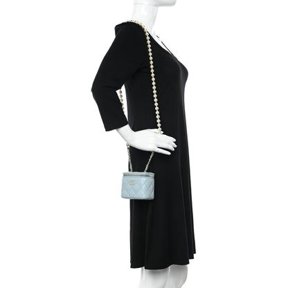 Chanel Lambskin Quilted Mini Vanity Case With Pearl Chain Light Blue 2 of 10