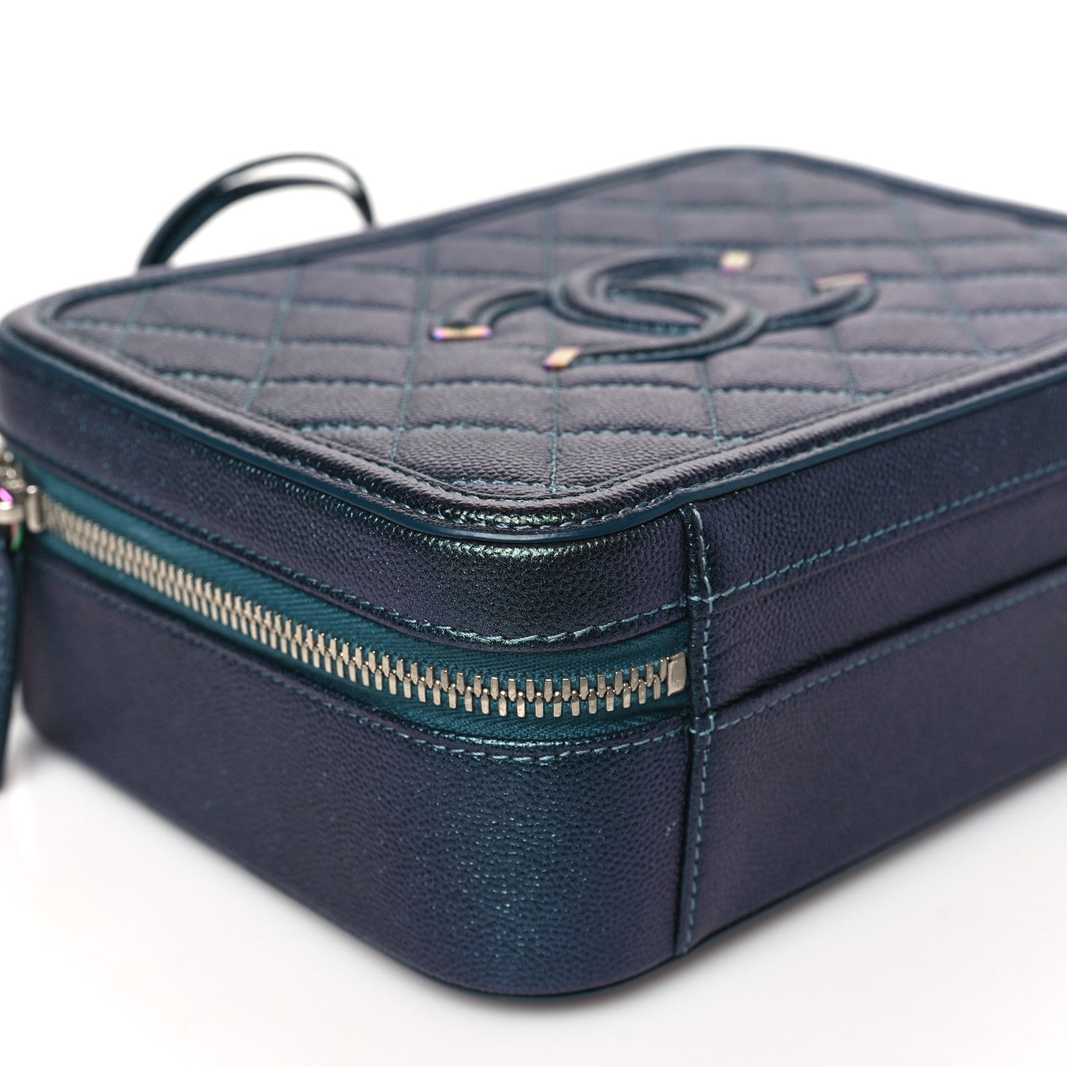 Chanel Iridescent Caviar Quilted Medium CC Filigree Vanity Case Dark Turquoise 8 of 9