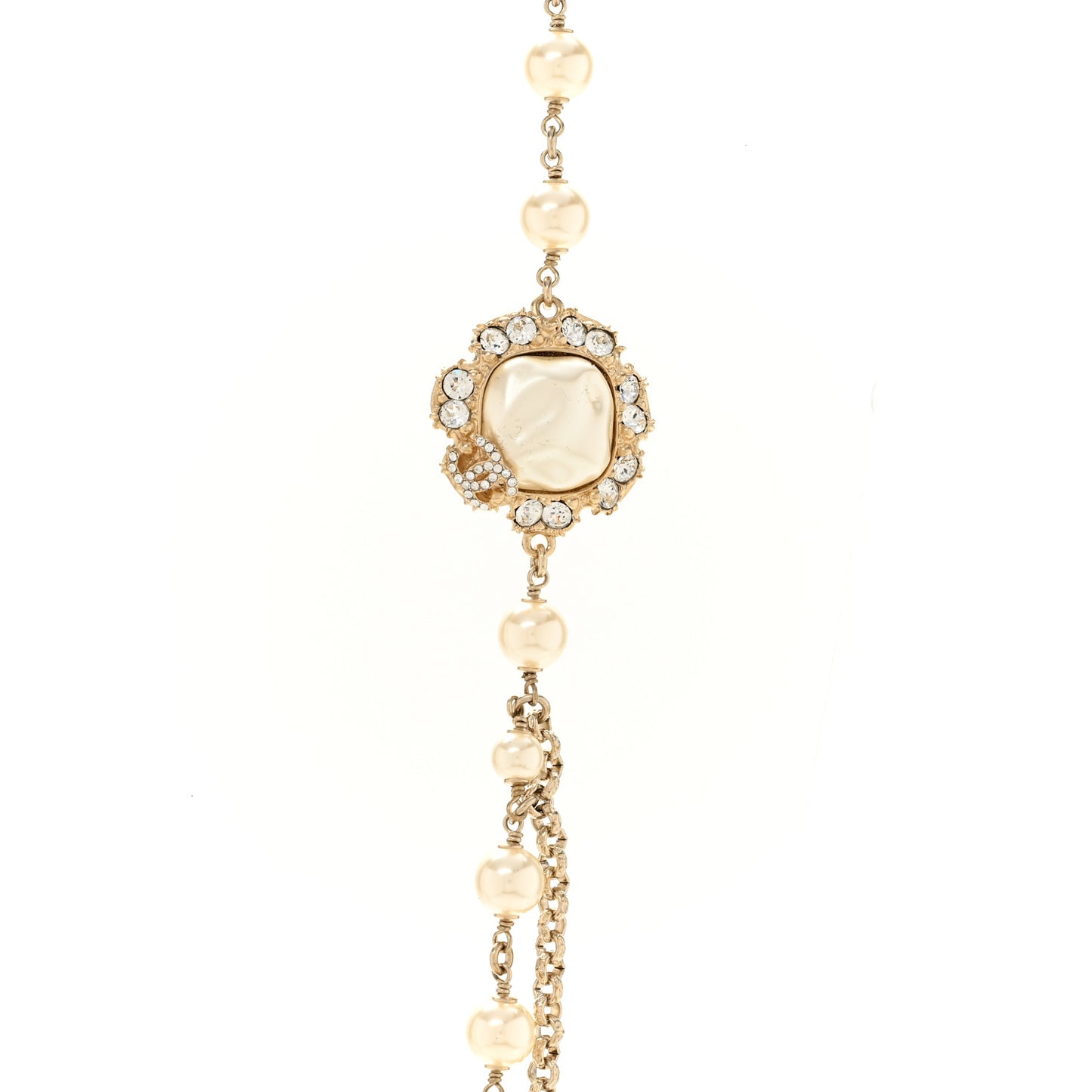 Pearl Crystal CC Camellia Express Long Necklace Gold