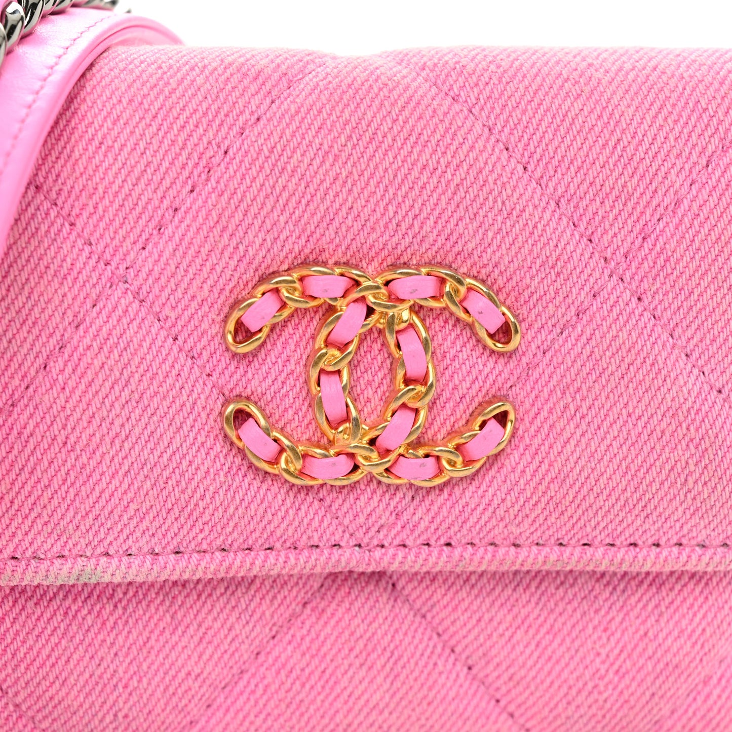 Denim Quilted Chanel 19 Flap Coin Purse With Chain Pink