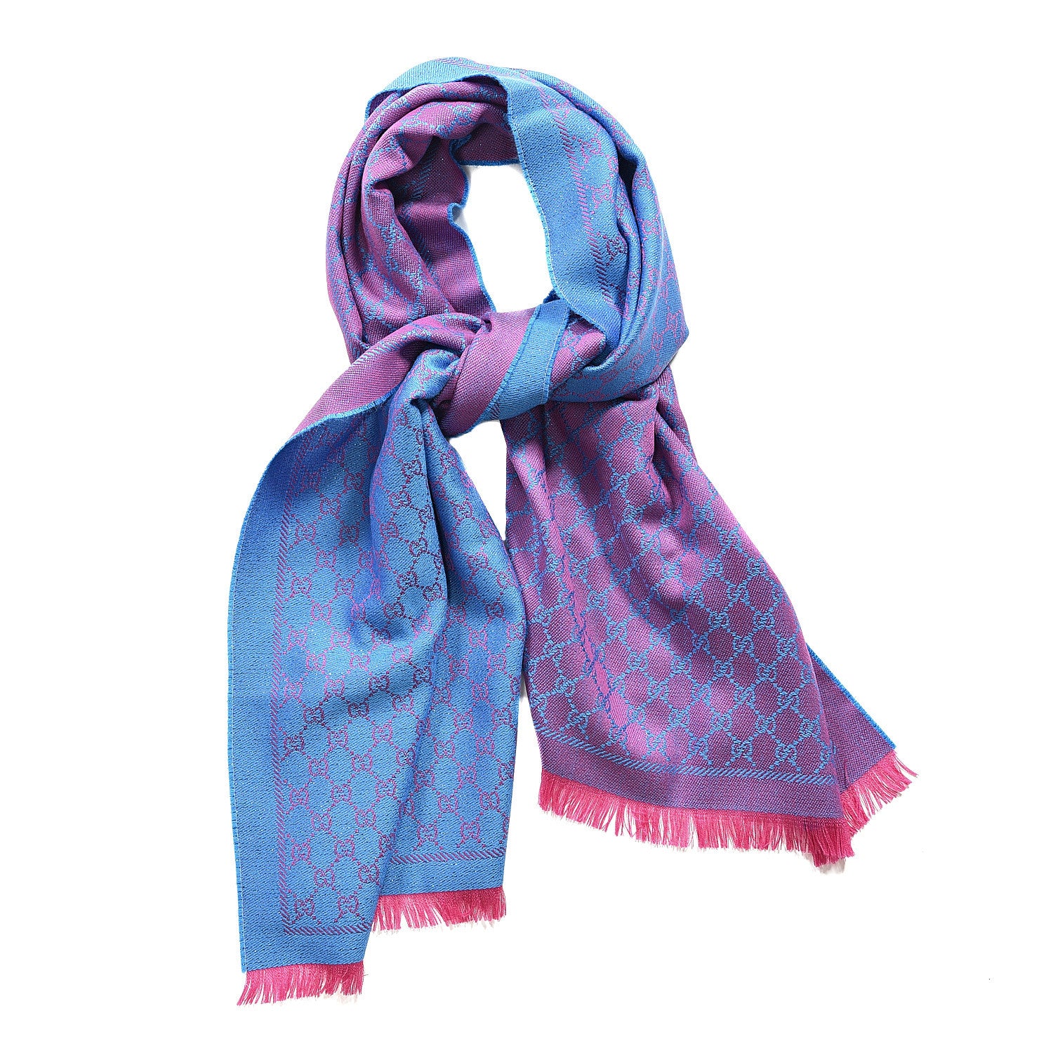 Gucci Wool Lame Jacquard GG Monogram Stenlux Scarf Fuxia Sky Blue 1 of 4