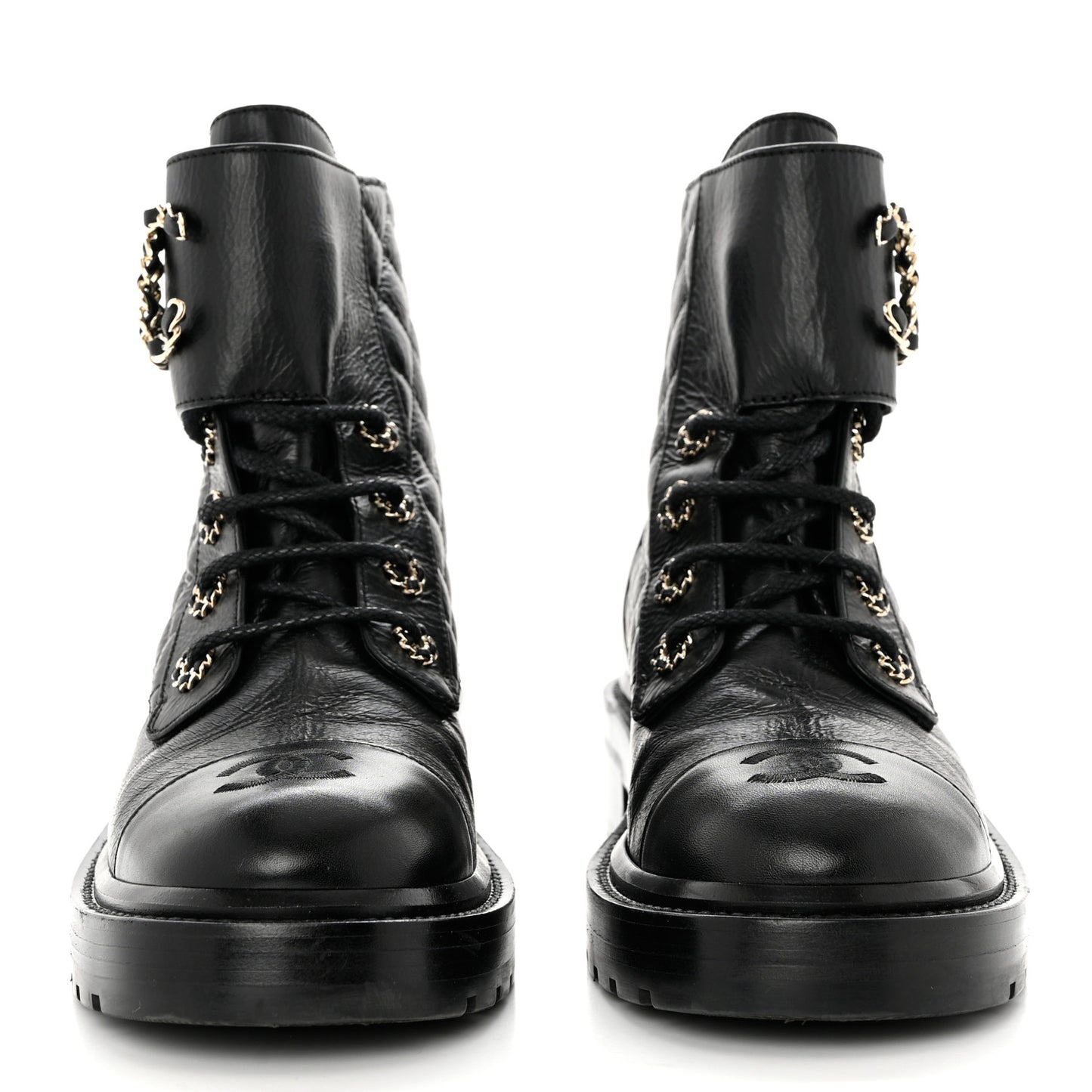 Shiny Goatskin Calfskin Quilted Lace Up Combat Boots 38 Black