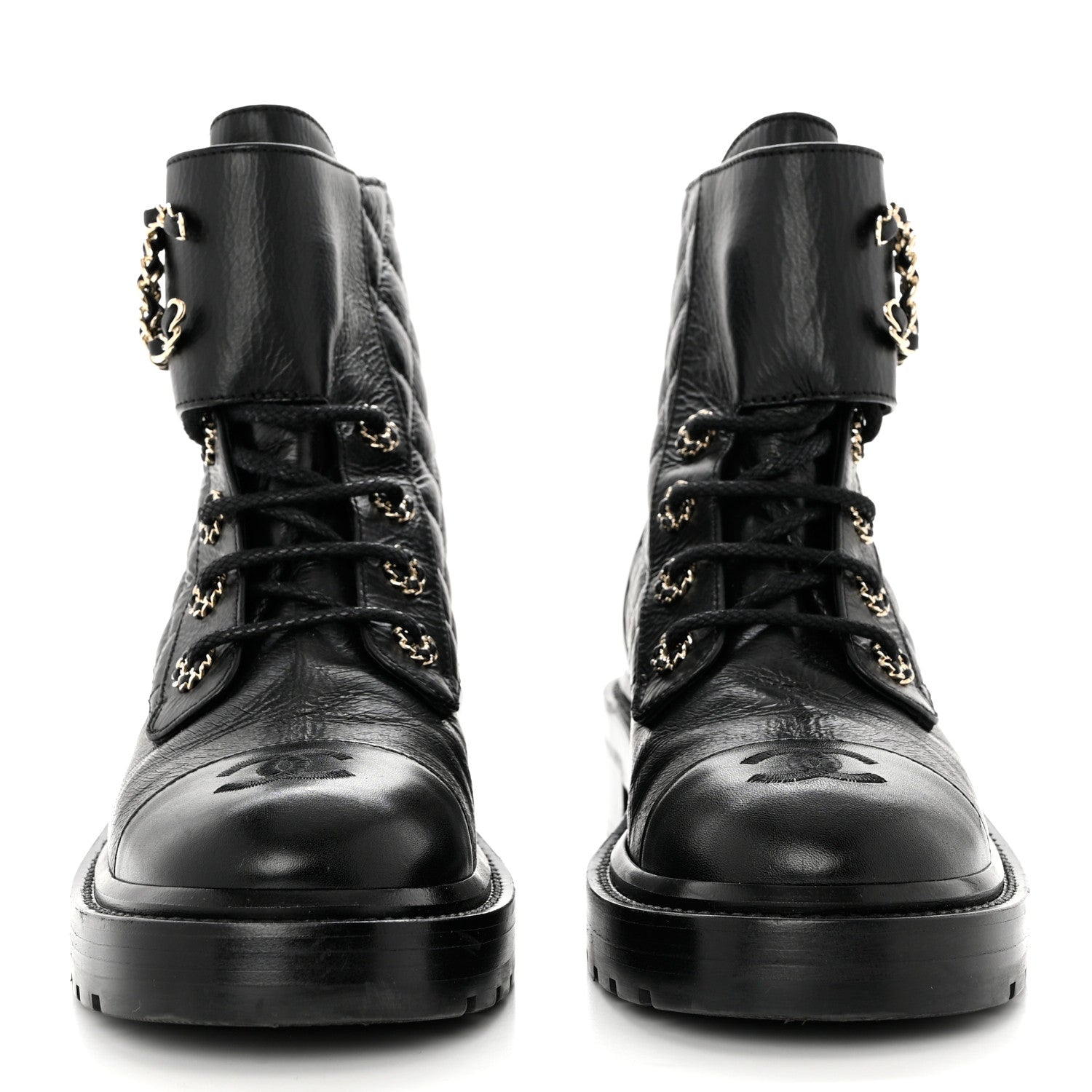 Chanel Shiny Goatskin Calfskin Quilted Lace Up Combat Boots 38 Black 2 of 9