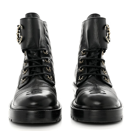 Chanel Shiny Goatskin Calfskin Quilted Lace Up Combat Boots 38 Black 2 of 9