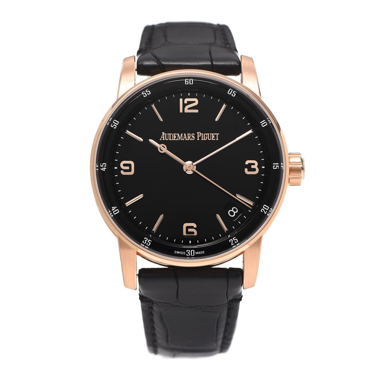 18K Rose Gold Alligator 41mm Code 11.59 Automatic Watch Black 15210OR.OO.A002CR.01
