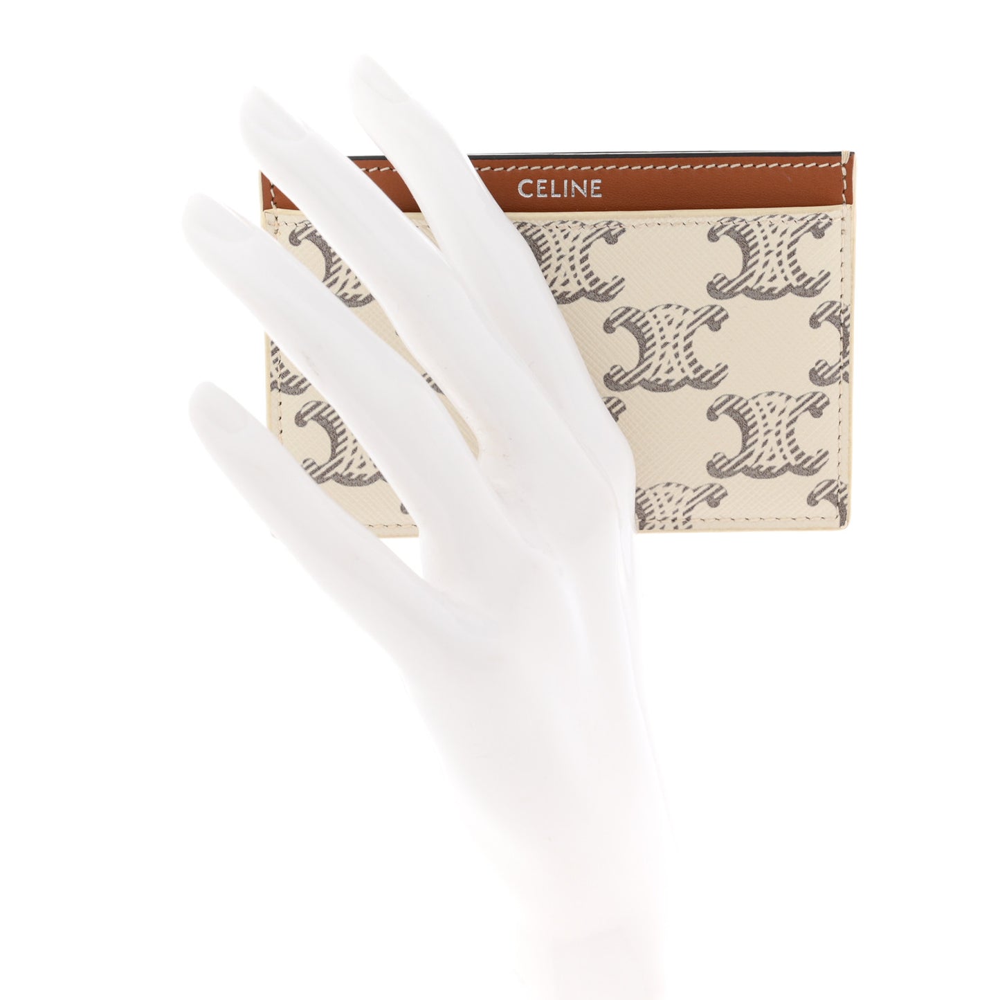 Triomphe Canvas Calfskin Card Holder White Tan