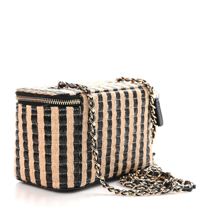 Chanel Raffia Jute Striped Small Vanity Case With Chain Black Beige 3 of 10