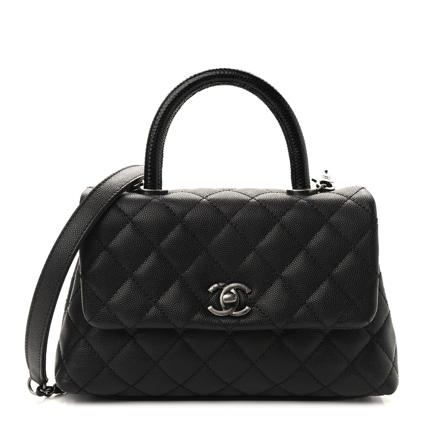 Caviar Lizard Embossed Quilted Mini Coco Handle Flap Black