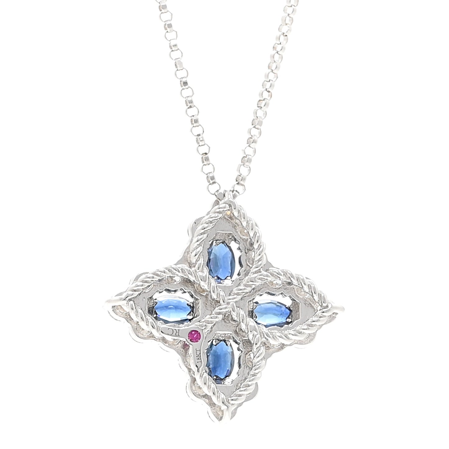 18K White Gold Diamond Blue Sapphire Large Princess Flower Pendant Necklace