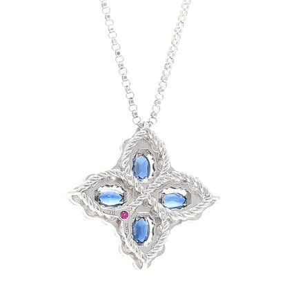 Roberto Coin 18K White Gold Diamond Blue Sapphire Large Princess Flower Pendant Necklace 4 of 6