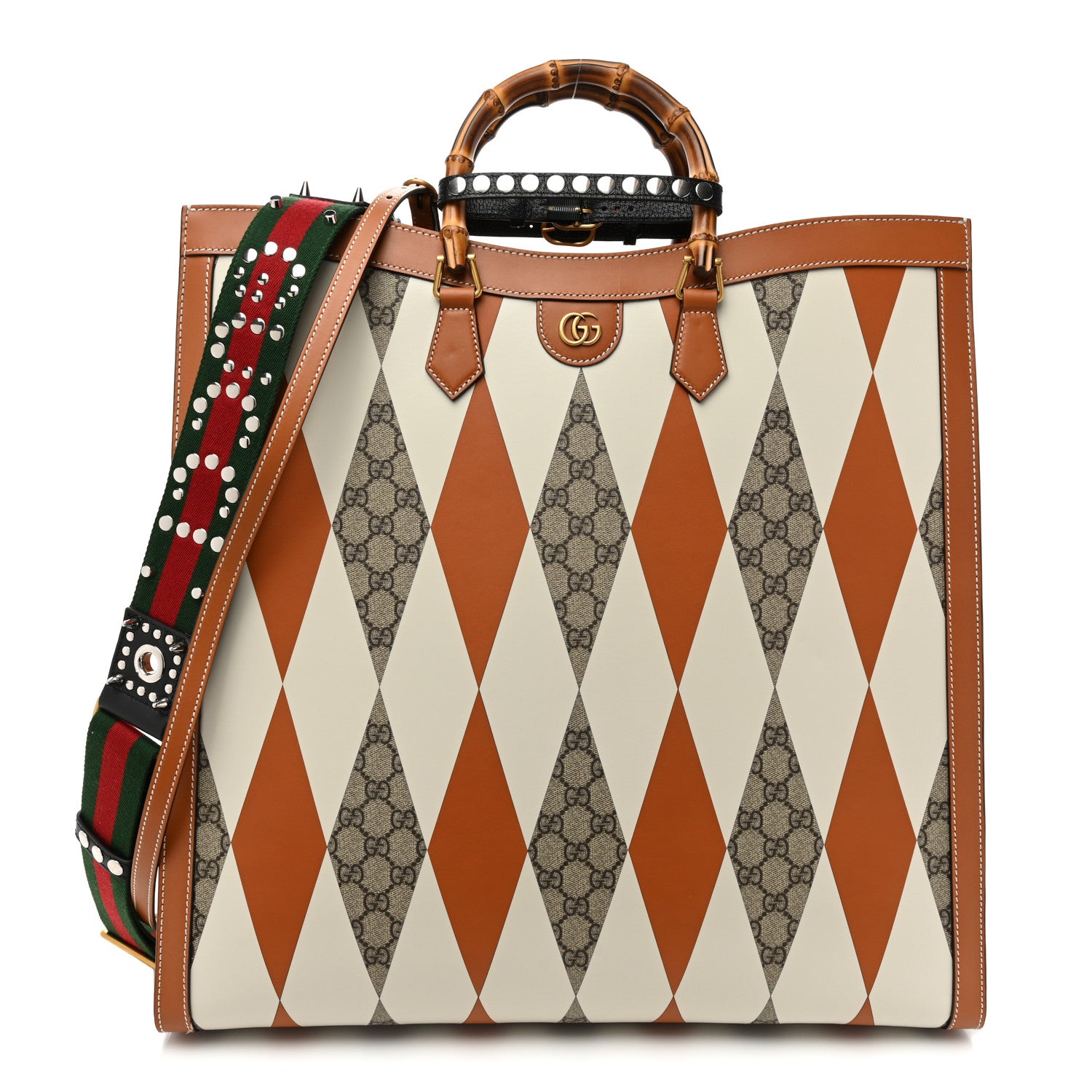 Gucci GG Supreme Monogram Boarded Dyana Calfskin Rhombus Print Studded Maxi Diana Tote Bag Beige Ebony Mystic White Hazel Brown Black 1 of 12