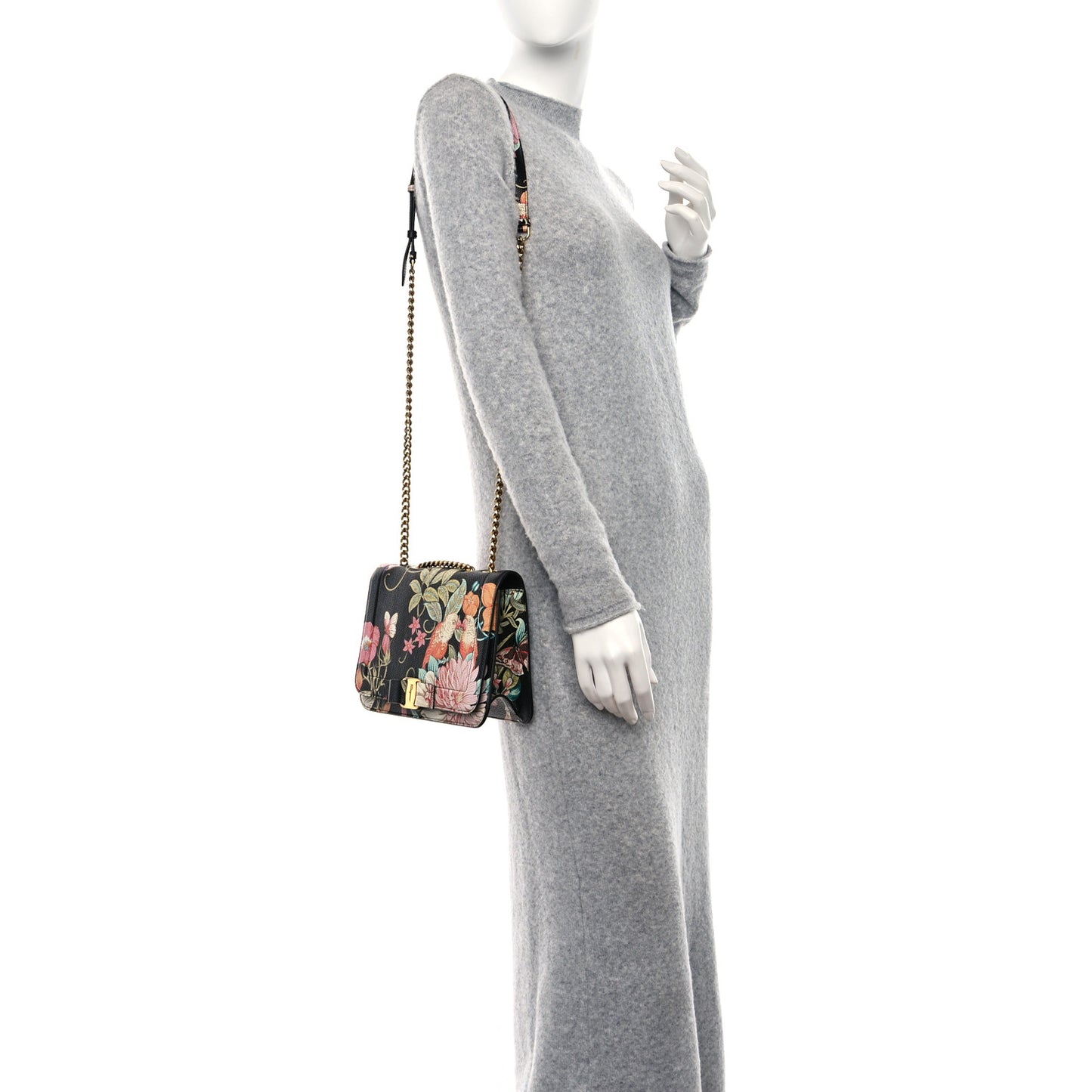 Calfskin Floral Print Vara Bow Chain Flap Crossbody Black Multicolor