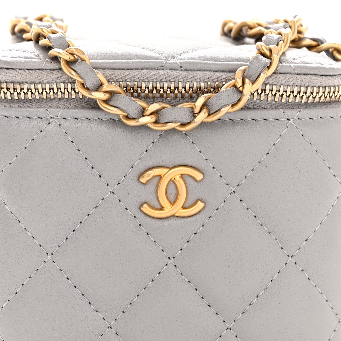 Lambskin Quilted Pearl Crush Mini Vanity Case With Chain Grey