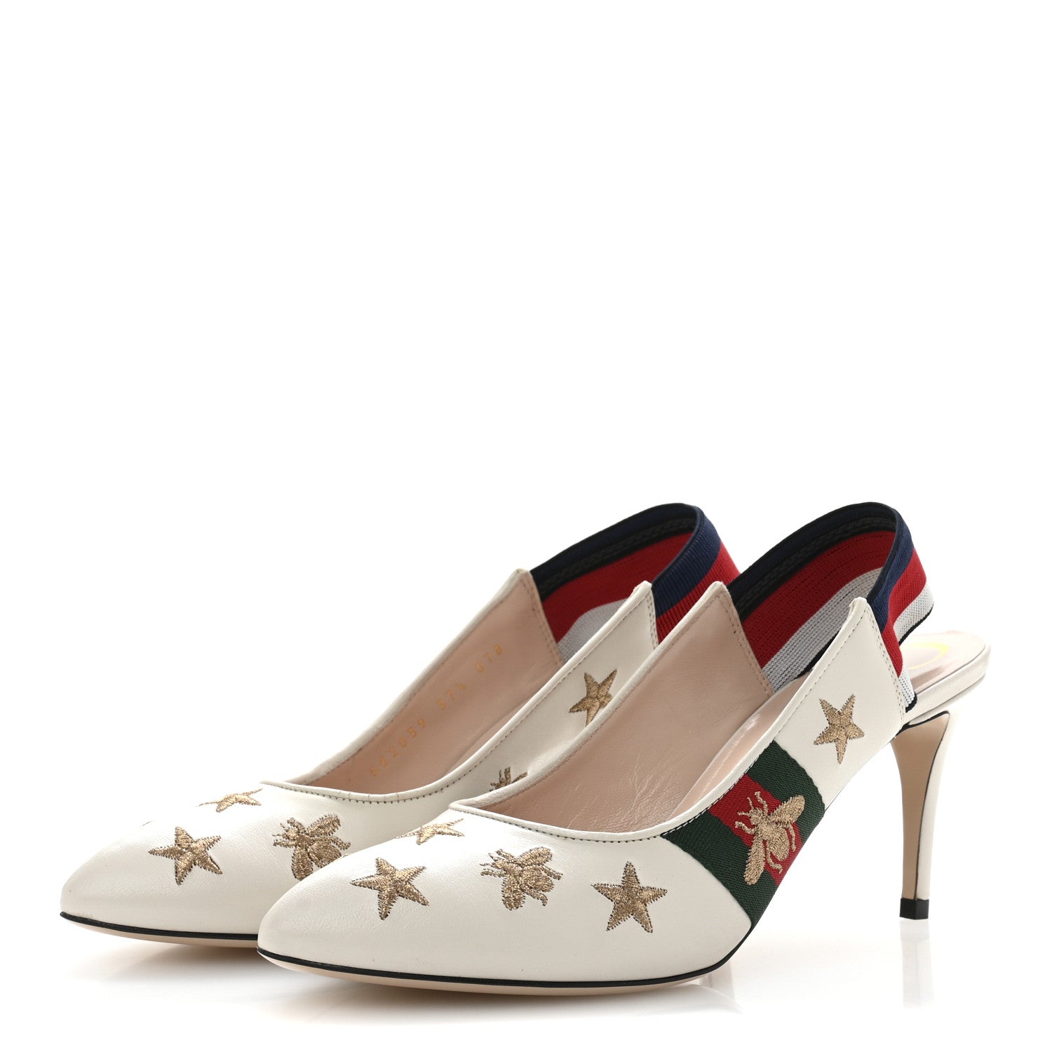 Gucci Malaga Kid Web Bee Star Embroidered Sylvie Mid Heel Slingback Pumps 37.5 White 4 of 10
