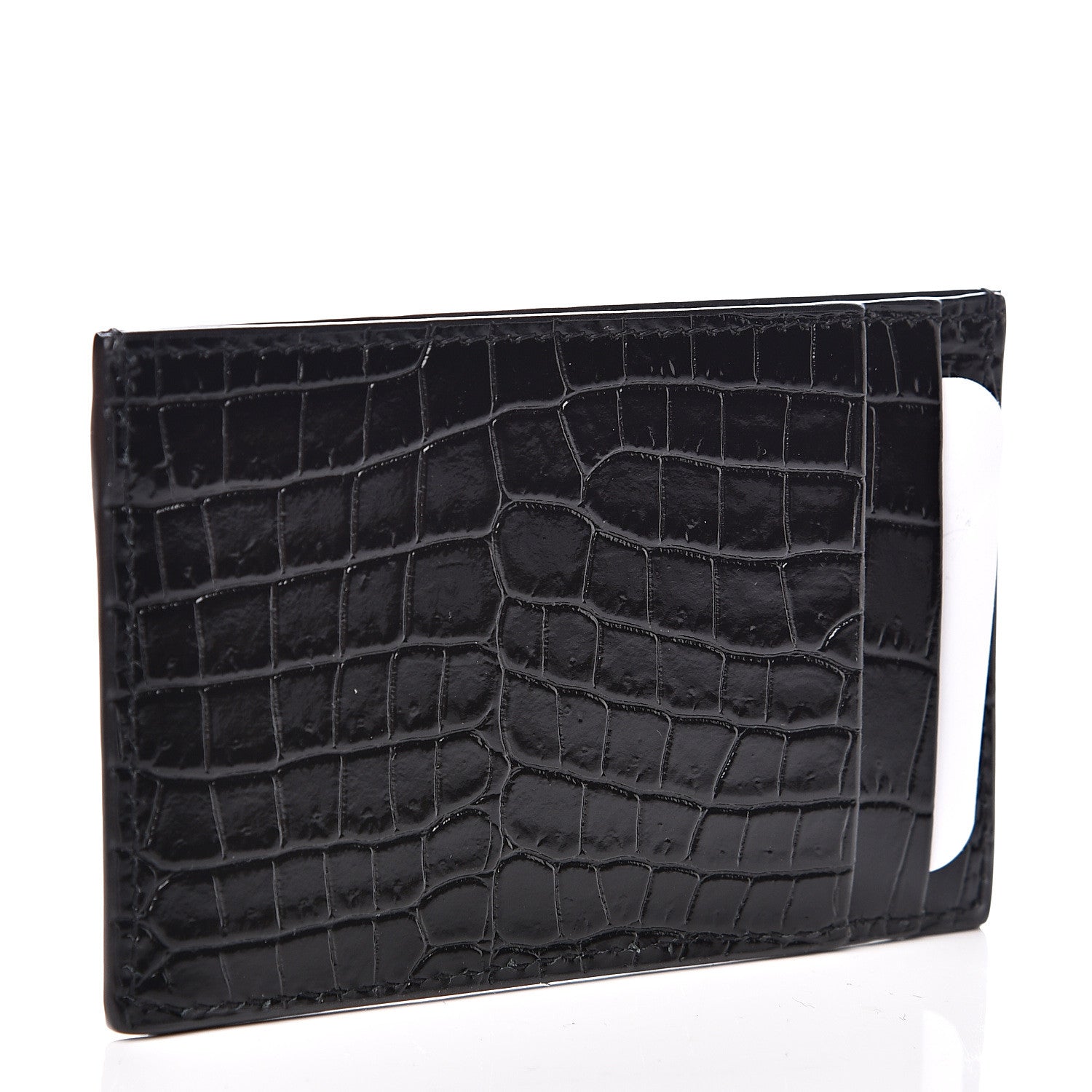 Saint Laurent Calfskin Crocodile Embossed Uptown Monogram Card Case Black 2 of 5