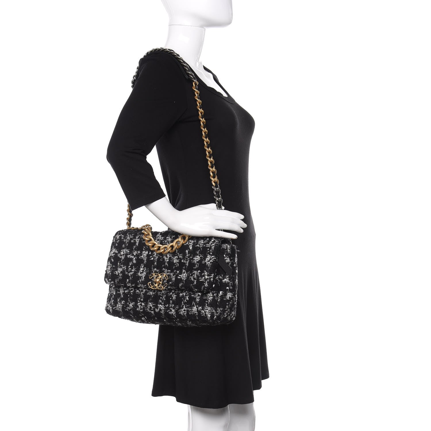 Chanel Tweed Quilted Large 19 Flap Black Ecru White 2 of 10