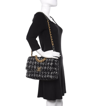 Chanel Tweed Quilted Large 19 Flap Black Ecru White 2 of 10