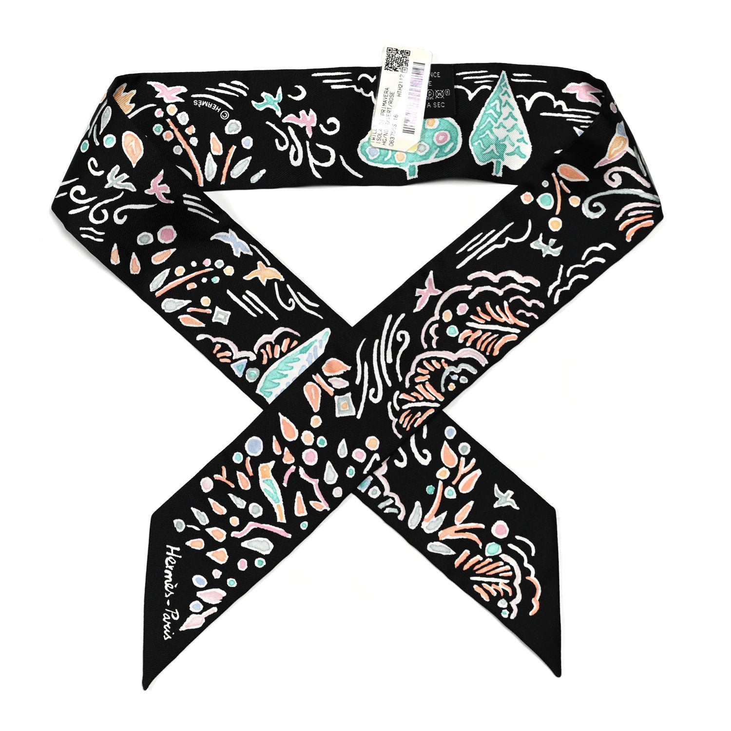 Hermes Silk Isola Di Primavera Twilly Black Vert Rose 1 of 4
