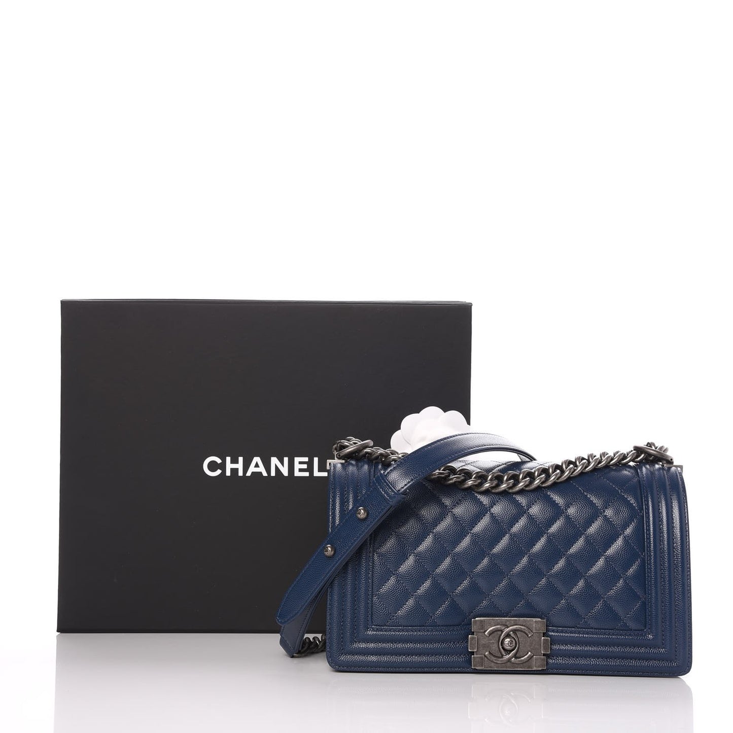 Caviar Quilted Medium Boy Flap Dark Blue