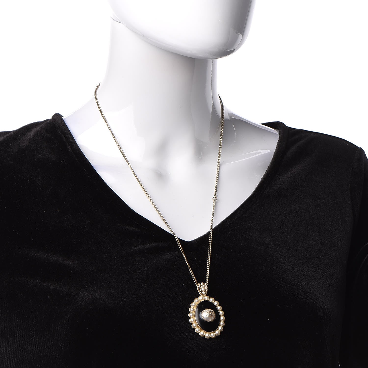 Chanel Gripoix Poured Glass Pearl CC Pendant Necklace Black Light Gold 2 of 5