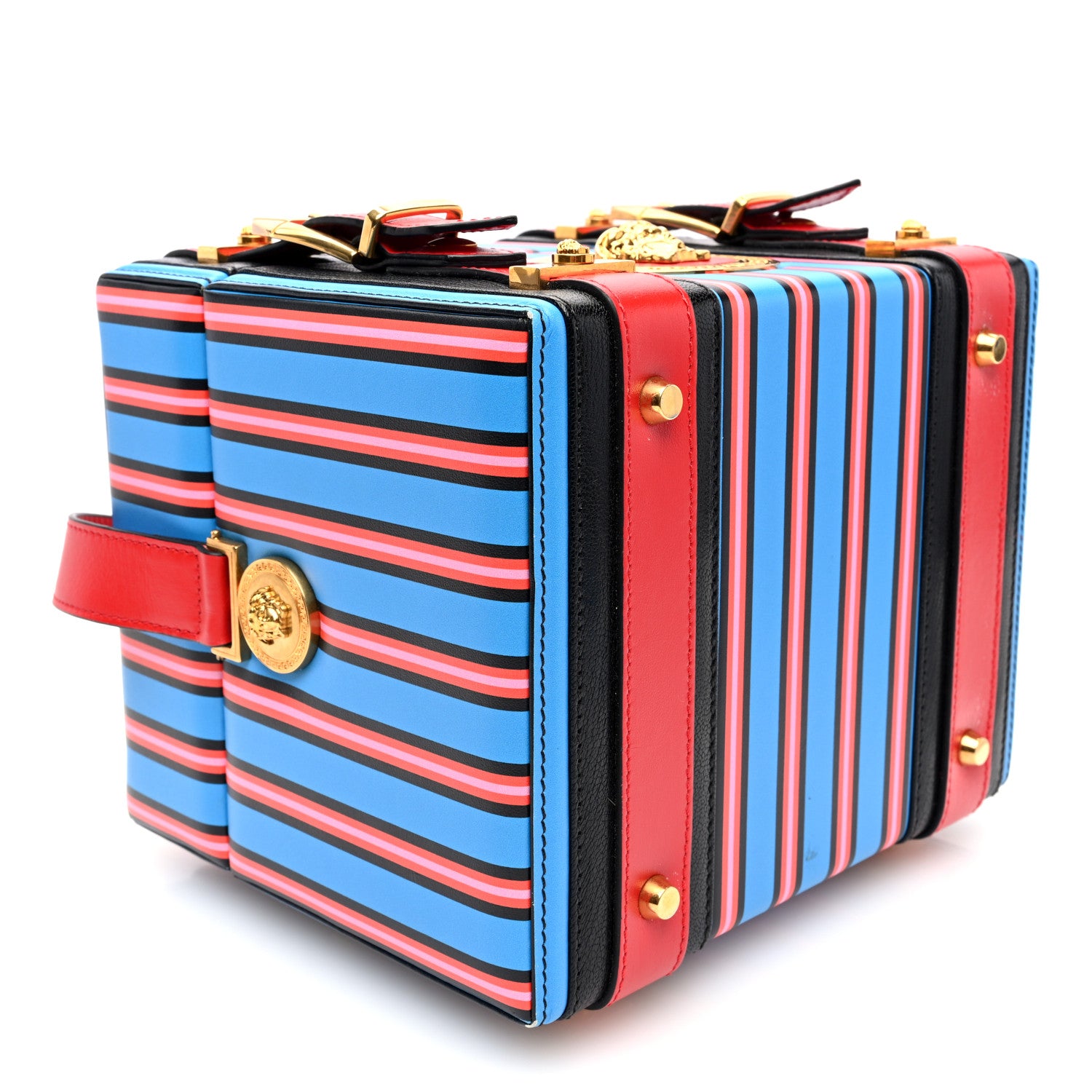 Versace Calfskin Medusa Vanity Stripe Train Case Blue Red Multicolor 4 of 9