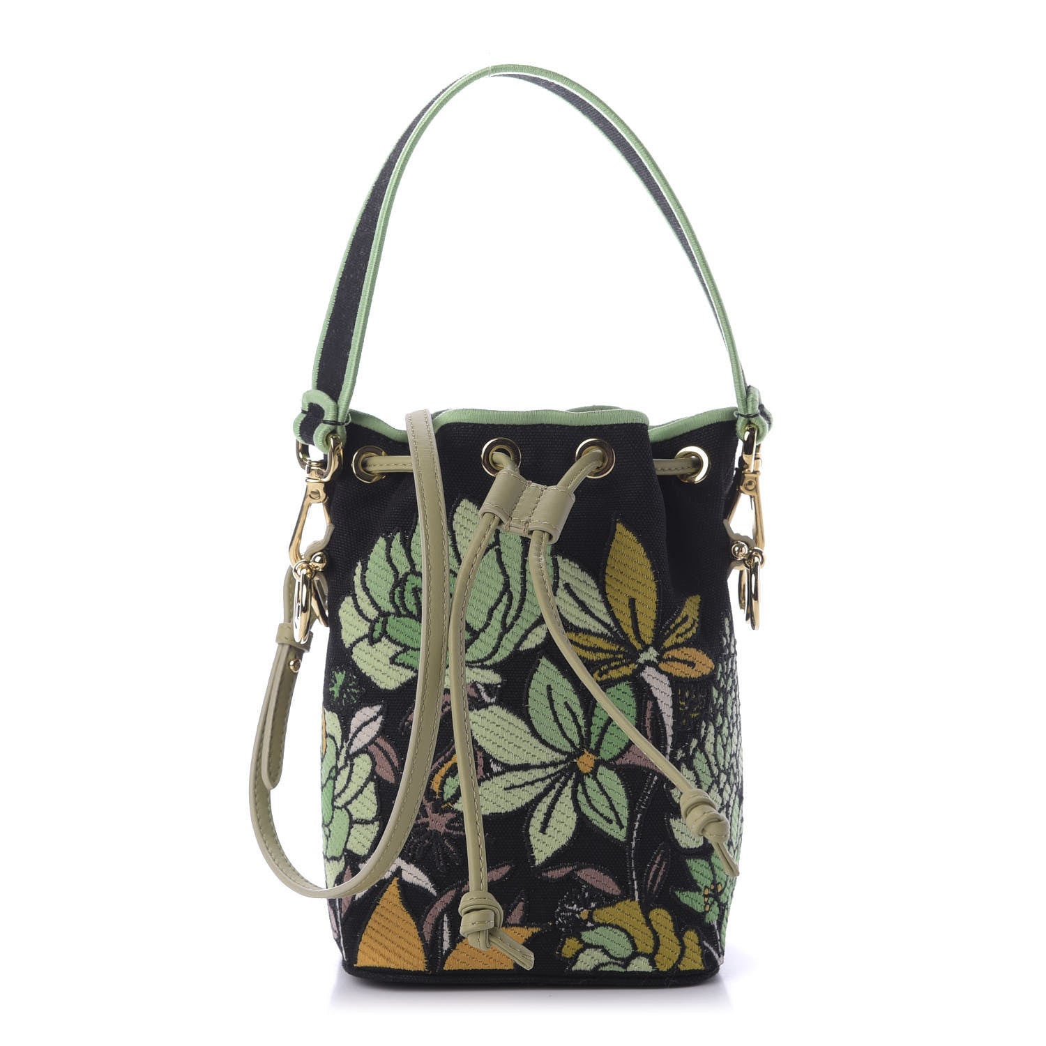 Fendi Canvas Vitello Century F is Fendi Psychedelic Flowers Embroidered Mini Mon Tresor Bucket Bag Verde Mandorlo Multicolor 1 of 9