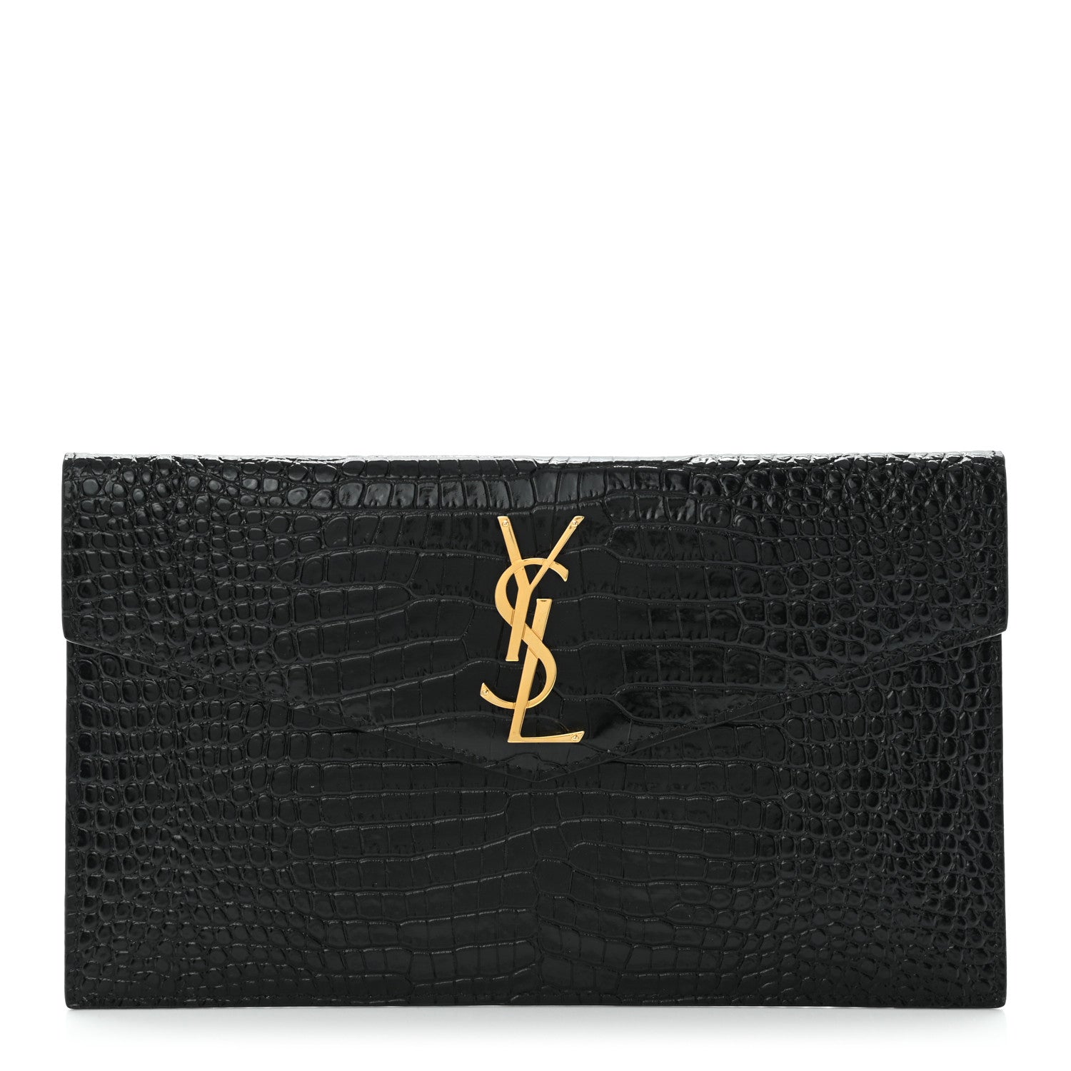 Saint Laurent Calfskin Crocodile Embossed Uptown Monogram Clutch Black 1 of 9