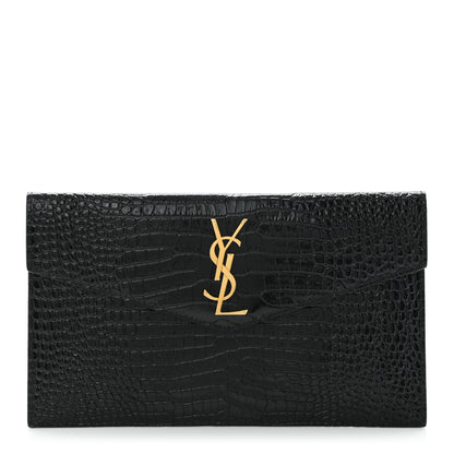 Saint Laurent Calfskin Crocodile Embossed Uptown Monogram Clutch Black 1 of 9