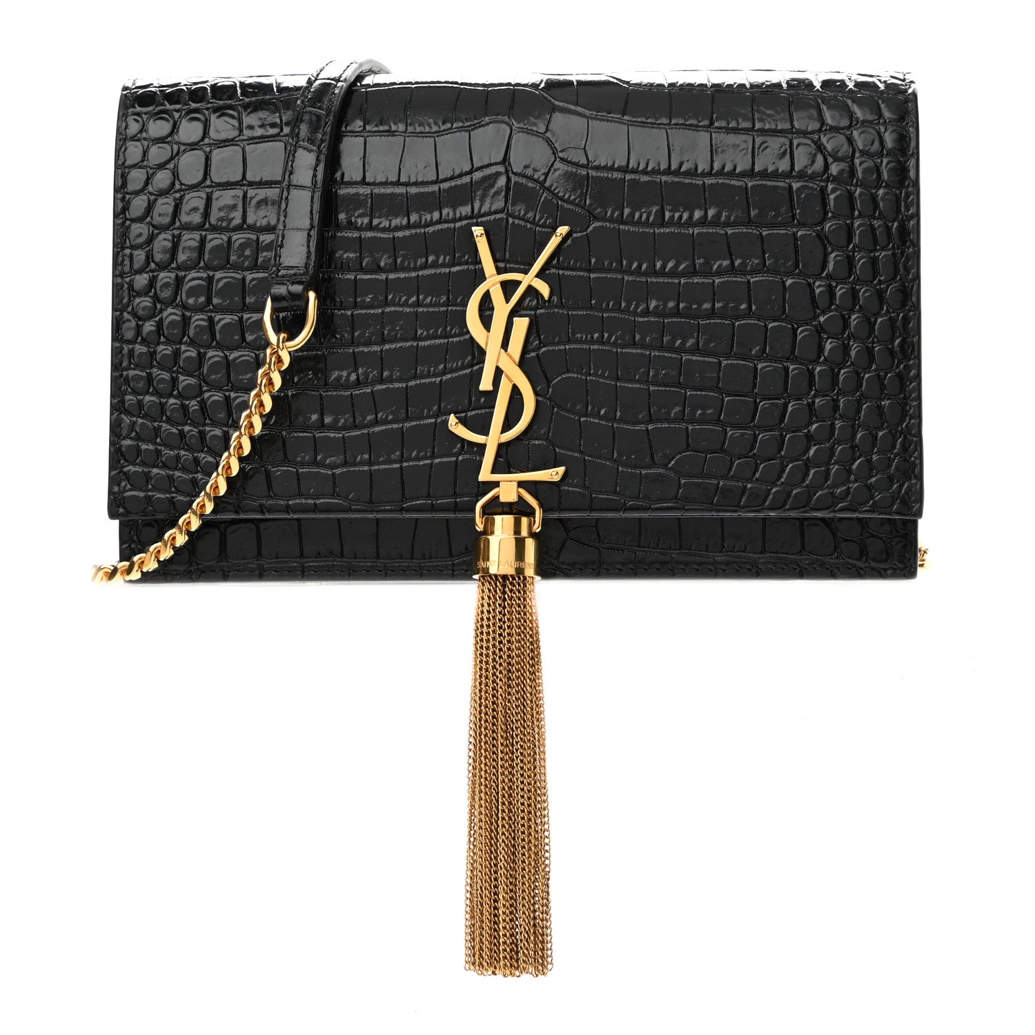Saint Laurent Calfskin Crocodile Embossed Kate Monogram Tassel Chain Wallet Black 1 of 9