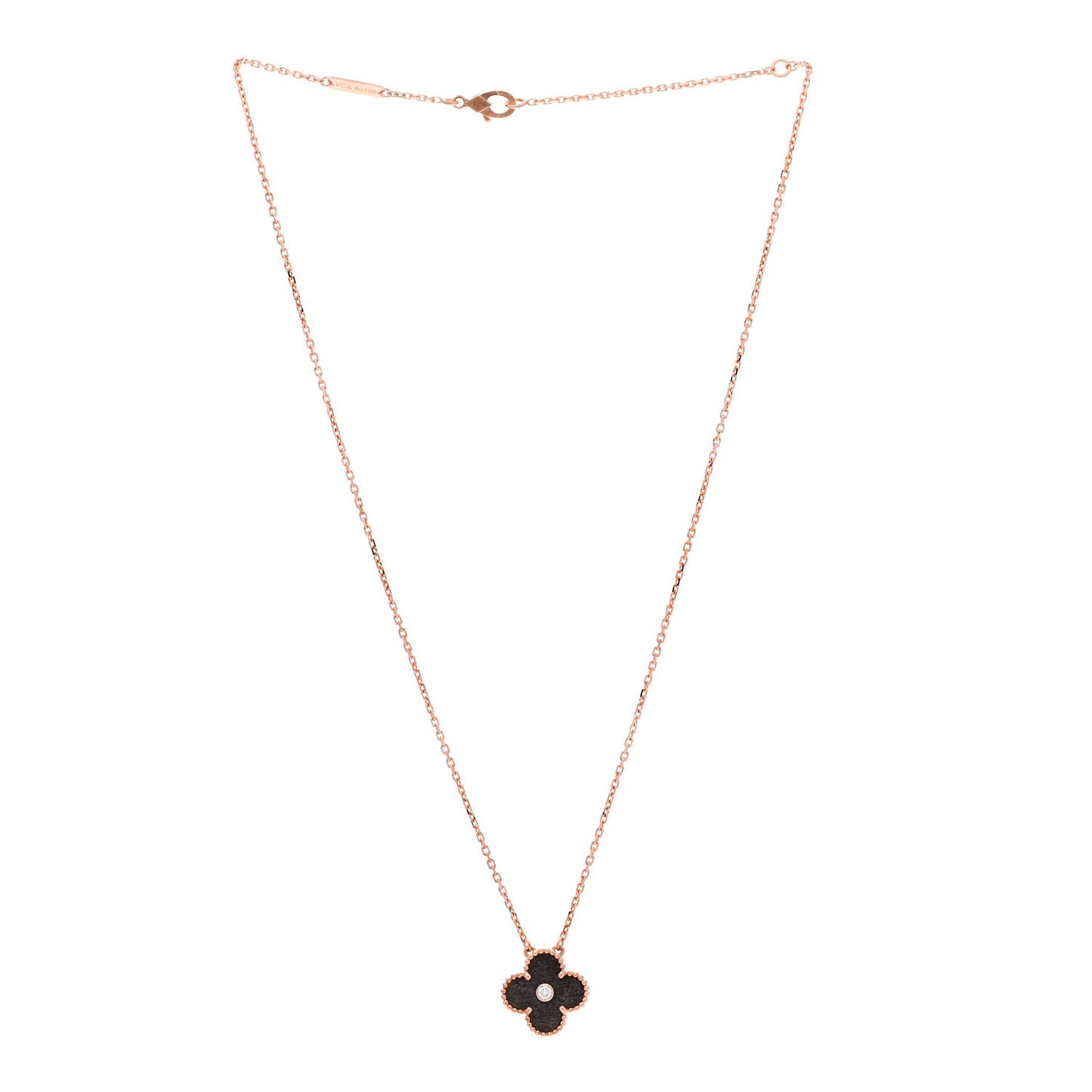 18K Rose Gold Diamond Silver Obsidian Vintage Alhambra Pendant Necklace