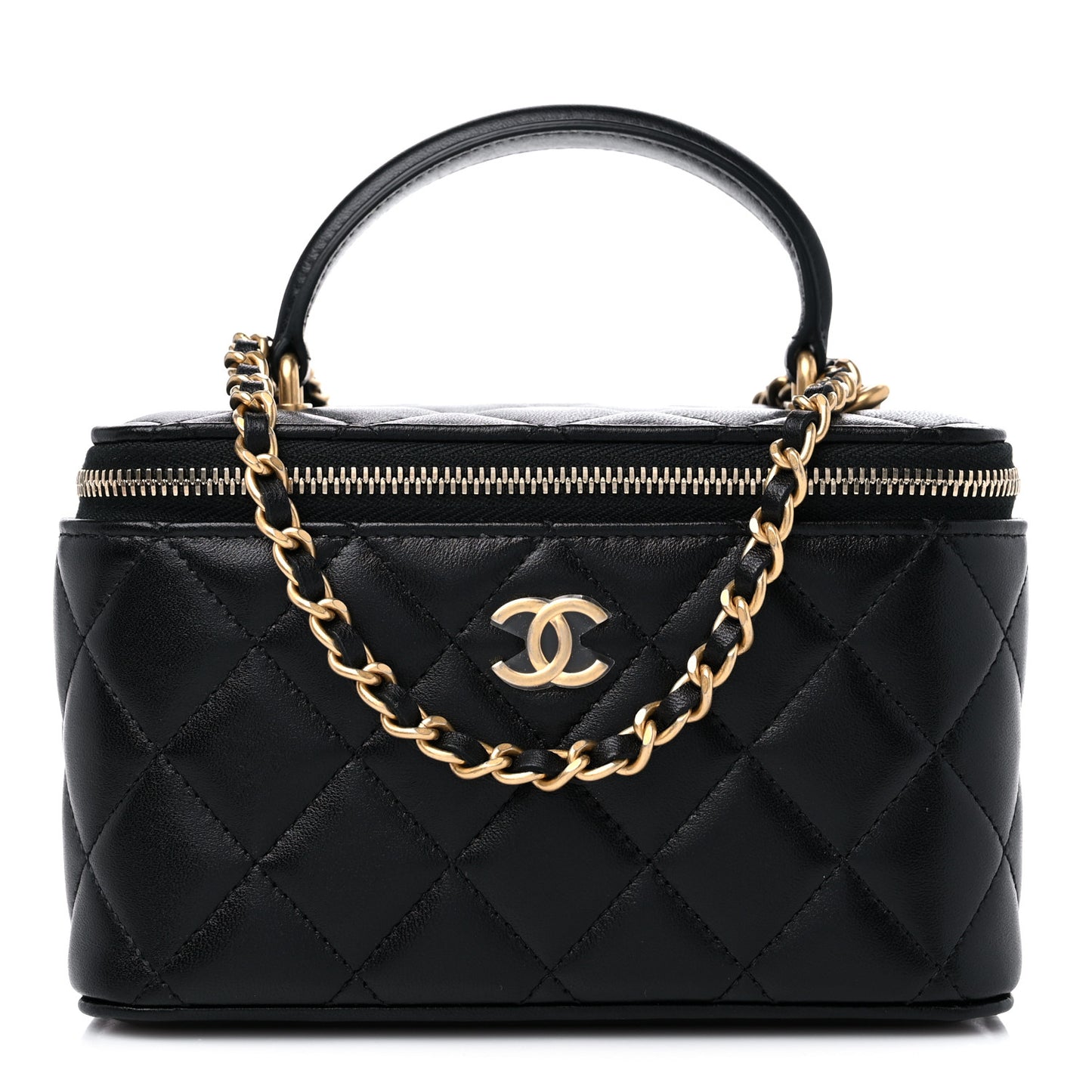 Lambskin Quilted Small Top Handle Vanity Case With Chain Black