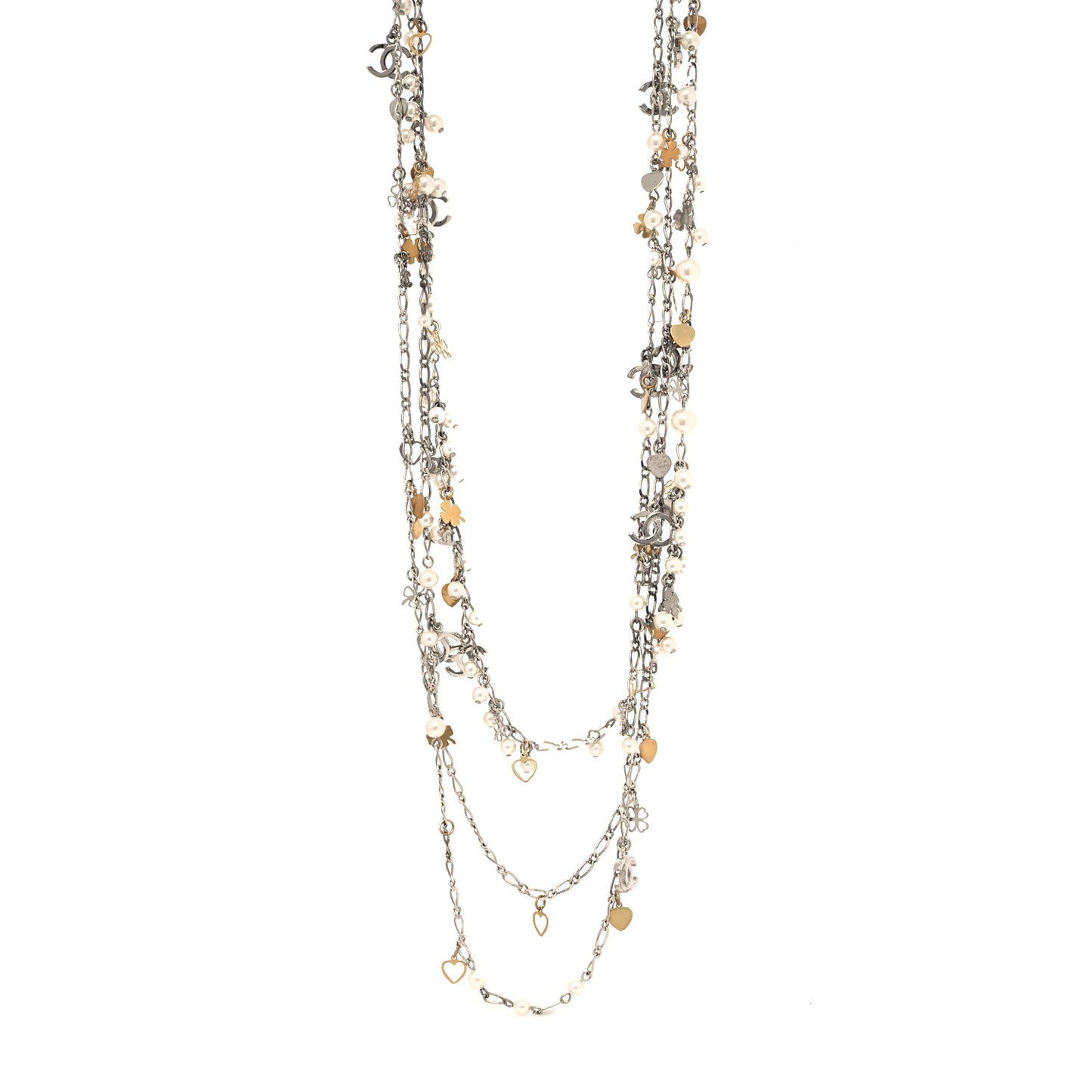 Pearl CC Lucky Charms Long Necklace Silver