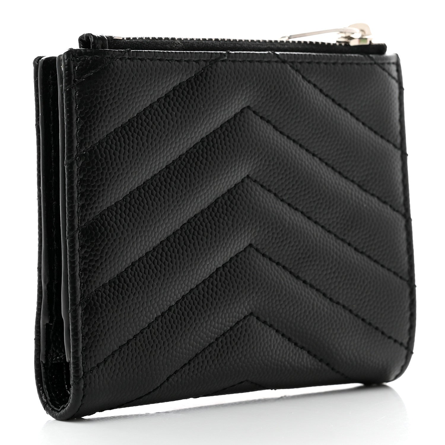 Saint Laurent Grain De Poudre Matelasse Chevron Monogram Zipped Card Case Black 3 of 8