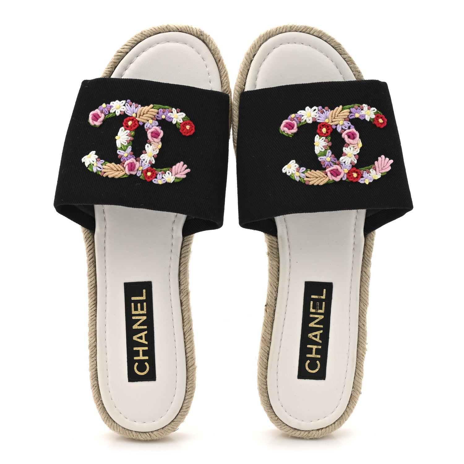 Chanel Canvas Embroidered CC Floral Espadrille Slip On Sandals 41 Black Multicolor 2 of 10