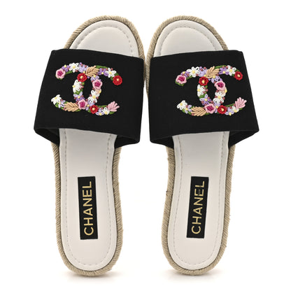 Chanel Canvas Embroidered CC Floral Espadrille Slip On Sandals 41 Black Multicolor 2 of 10