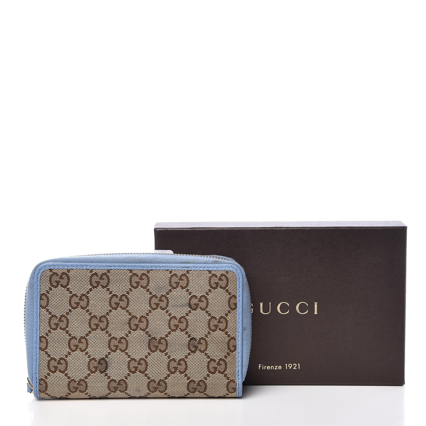Monogram Dollar Calfskin Zip Around Compact Wallet Beige Ebony Mineral Blue