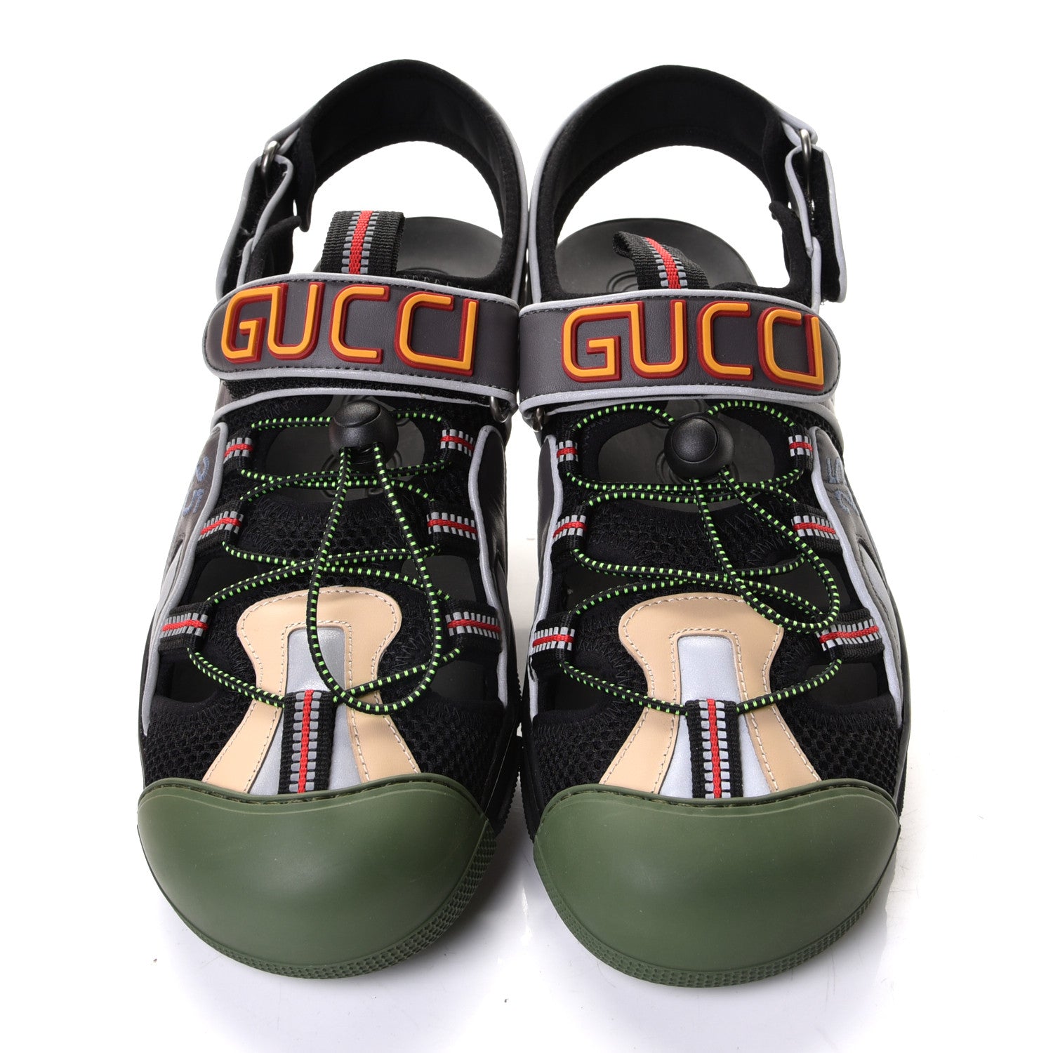 Gucci Mesh Fabric Mens Tinsel Sport Sandals 10 Black Silver Green 2 of 8