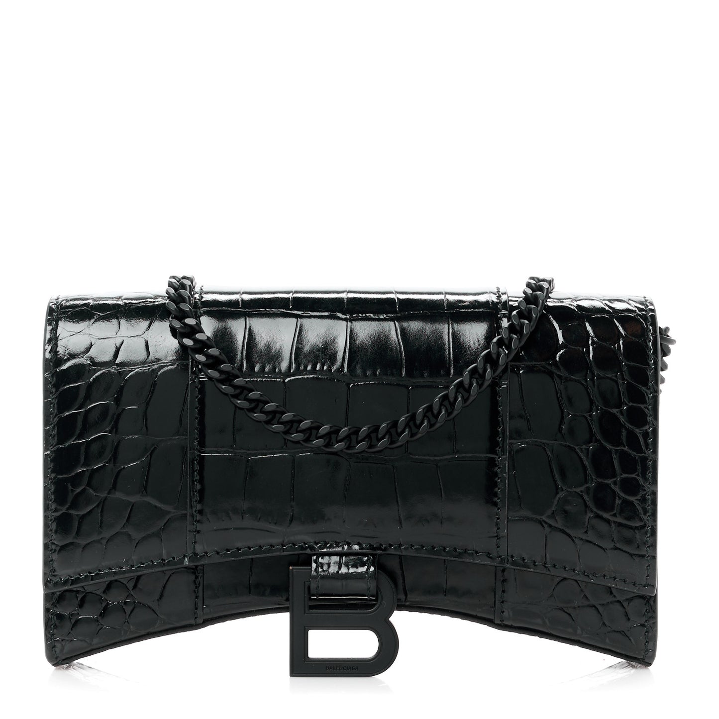 Shiny Calfskin Monochrome Crocodile Embossed Hourglass Wallet On Chain Black