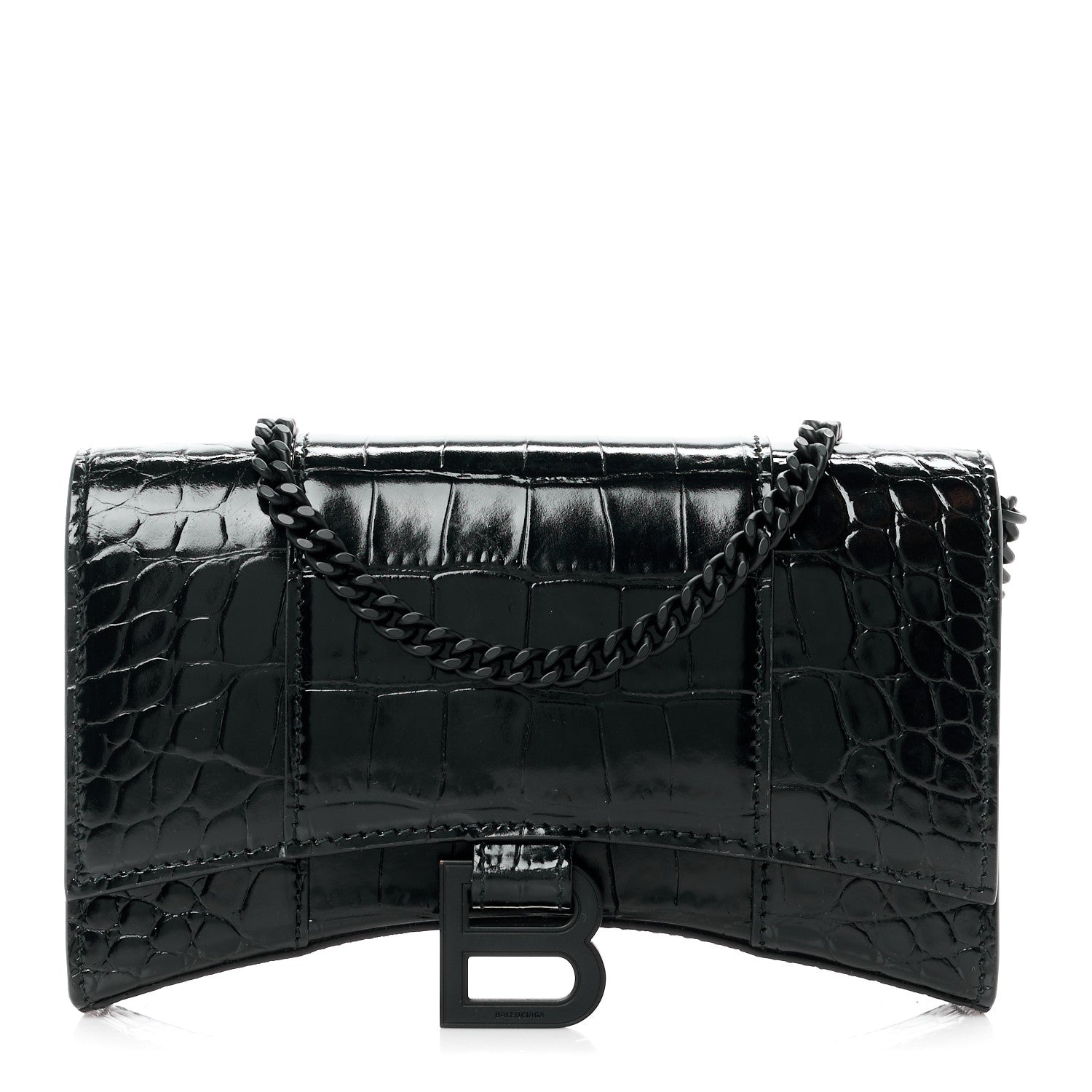 Balenciaga Shiny Calfskin Monochrome Crocodile Embossed Hourglass Wallet On Chain Black 1 of 11