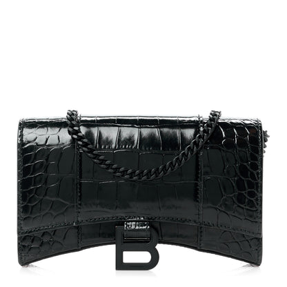Balenciaga Shiny Calfskin Monochrome Crocodile Embossed Hourglass Wallet On Chain Black 1 of 11