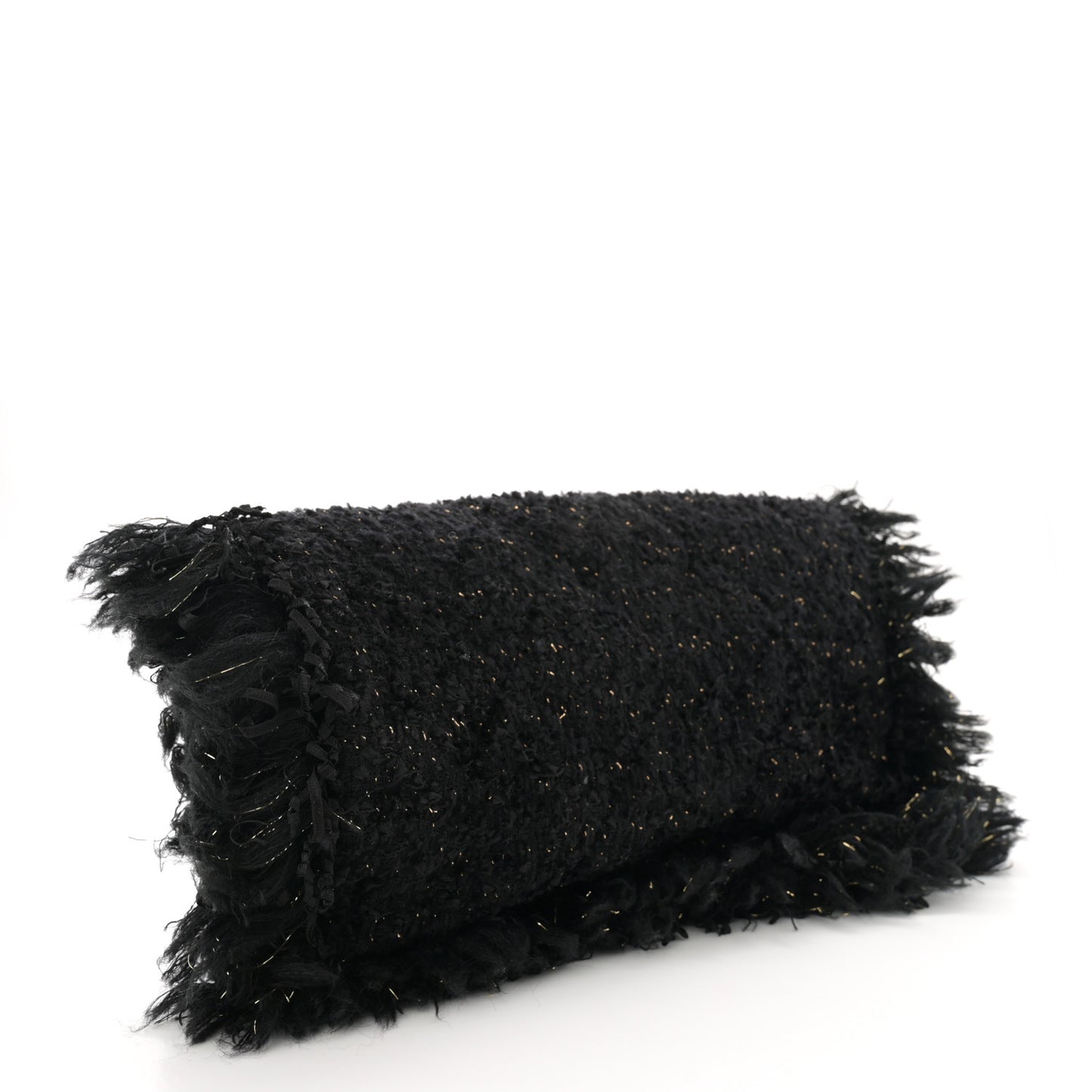 Tweed Fringe Quilted Chain Around Flap Clutch Black Gold