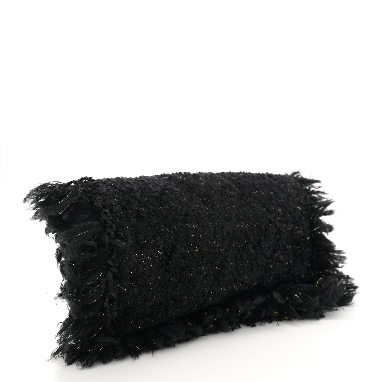 Chanel Tweed Fringe Quilted Chain Around Flap Clutch Black Gold 3 of 10