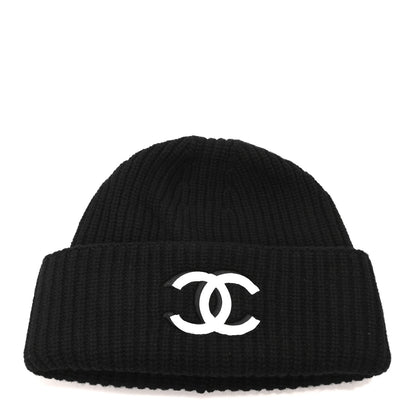 Chanel Wool Cashmere CC Beanie Hat Light Black White 1 of 6