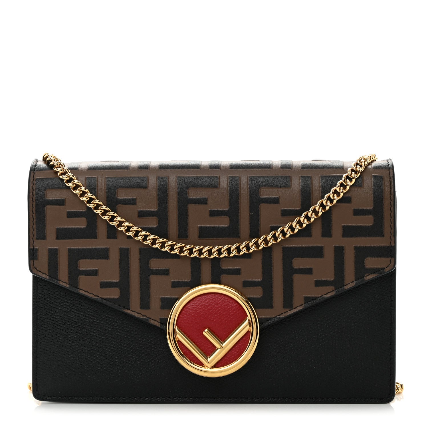 Fendi Vitello Cruise F is Fendi Bi-Color FF 1974 Embossed Medium Envelope Wallet On Chain Black Maya 1 of 11