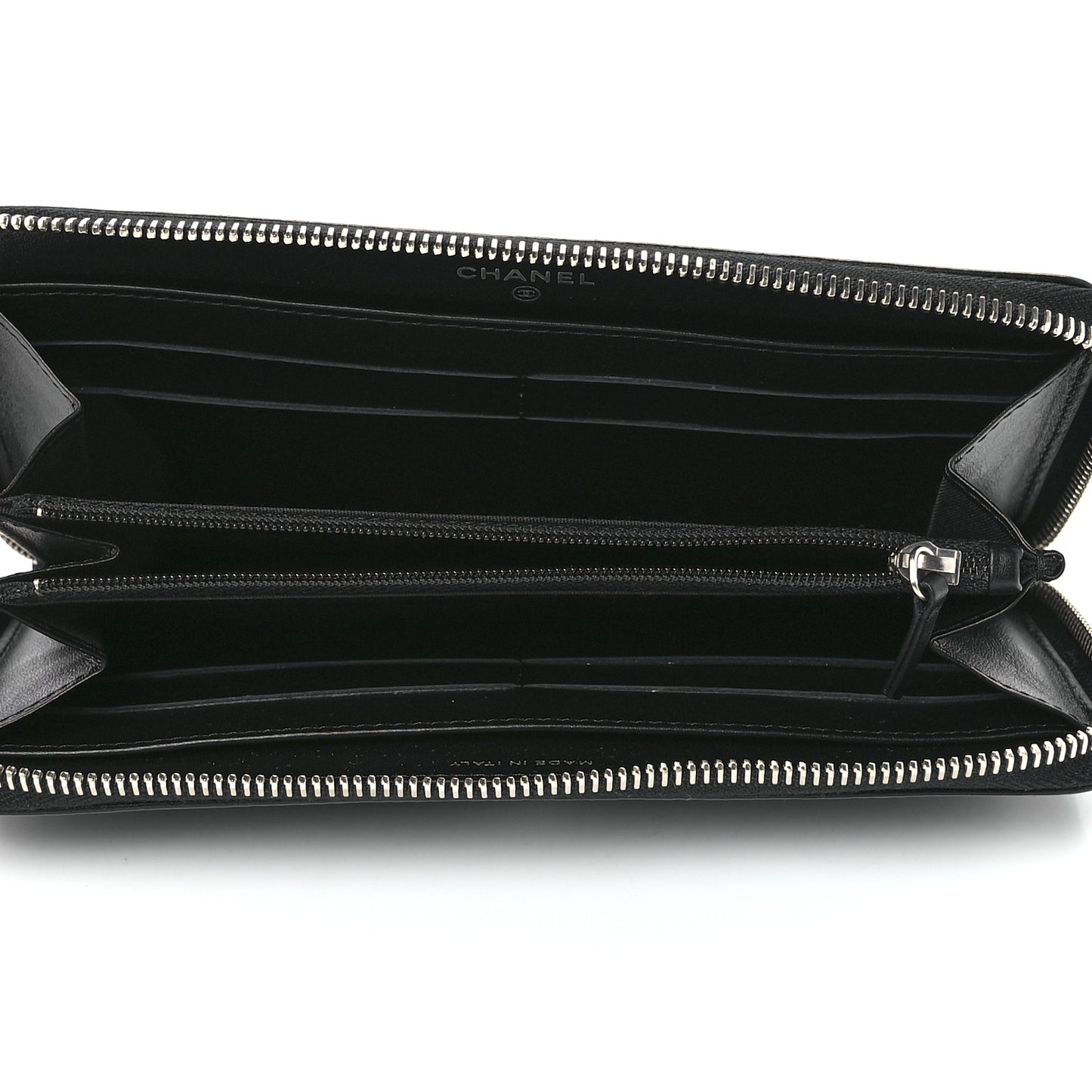 Lambskin Camellia Embossed Large Zip Around Gusset Wallet Black